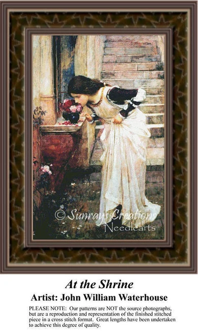 A young woman leans towards flowers at a shrine by a set of steps, designed as a PDF chart by John William Waterhouse for Sunrays Creations.
