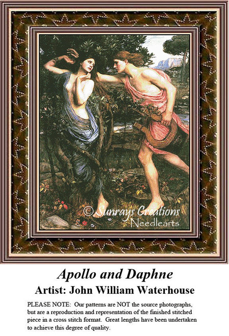 A man reaches for a woman as she looks back, entwined in vines, translated into a counted cross stitch design by John William Waterhouse.