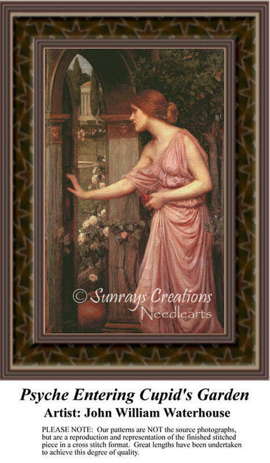 A woman in a flowing dress stands at an ornate garden entrance, come to life as a counted cross stitch design.