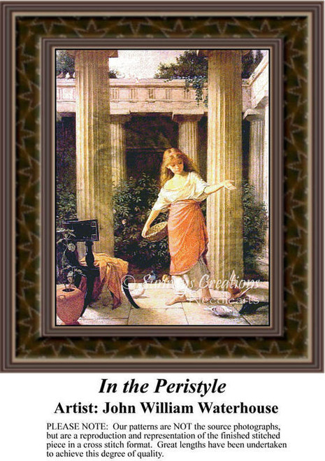 A young girl stands among ancient columns, feeding pigeons, frozen in time as a counted cross stitch pattern by John William Waterhouse.