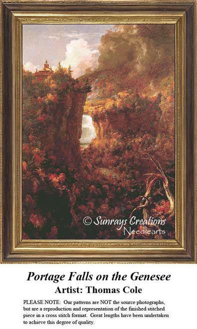 A scenic view of a river winding through vibrant autumn foliage, immortalized as a counted cross stitch pattern by Thomas Cole.