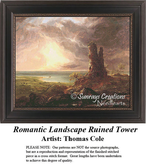 A ruined tower stands against a sunset in this counted cross stitch chart inspired by painting styles of the Hudson River School artist Thomas Cole.