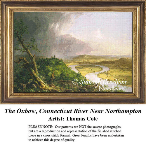 A lush landscape with dark storm clouds and a winding river, reimagined as a counted cross stitch pattern by artist Thomas Cole.