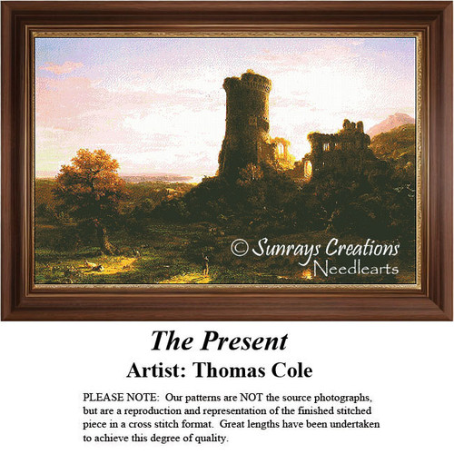 A scenic landscape showing a weathered castle tower surrounded by overgrown foliage, designed as an xstitch kit from the art of Thomas Cole.