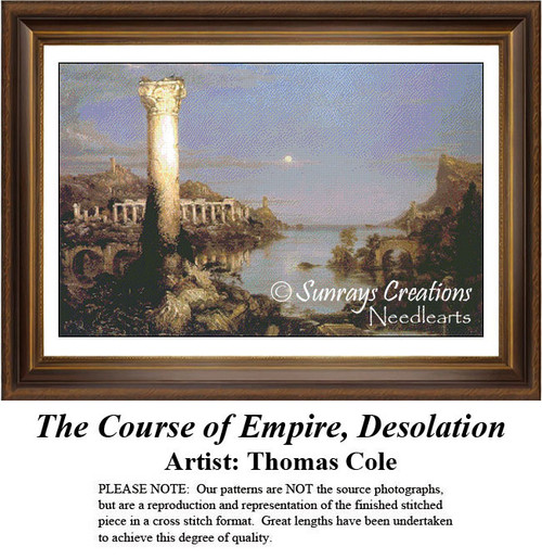 A crumbling column stands amid ancient villa ruins under a rising moon, preserved as a counted cross stitch pattern by Thomas Cole.