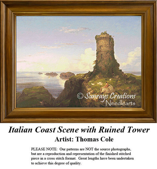 Fine Art Cross Stitch | Italian Coast Scene with Ruined Tower