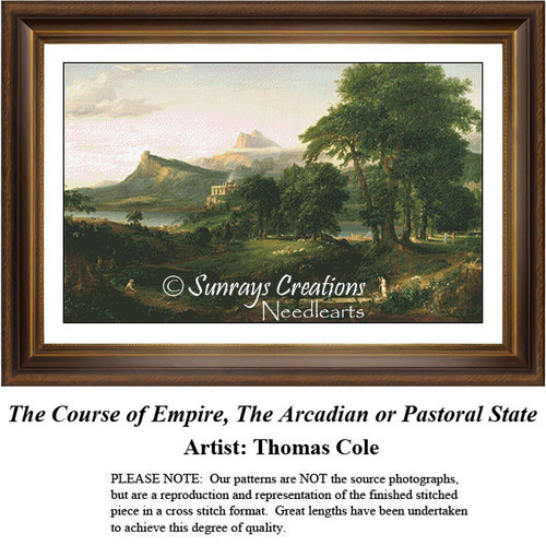 A serene landscape with rolling hills and lush trees, captured as a counted cross stitch pattern from Thomas Cole's Arcadian state.