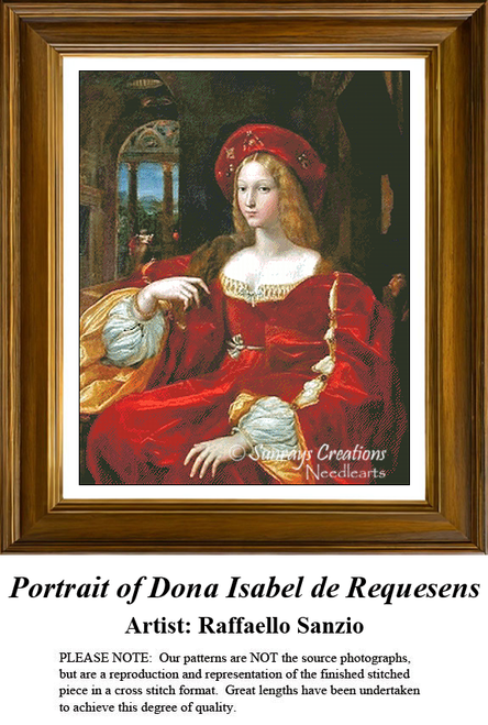 A detailed counted cross-stitch pattern preview of Raphael's Renaissance masterpiece, "Portrait of Doña Isabel de Requesens." The opulent fine art portrait showcases a noblewoman in a luxurious, flowing crimson velvet dress with voluminous sleeves, seated elegantly against a dark architectural background under a warm, dramatic light.