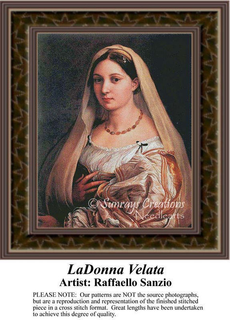 A woman in a white gown and veil, adorned with jewelry, depicted in the LaDonna Velata cross stitch kit by Raffaello Sanzio.