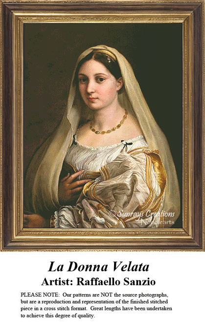 A detailed counted cross-stitch pattern preview of Raphael's High Renaissance masterpiece, "La Donna Velata." The elegant portrait design showcases a beautiful, dark-eyed young woman wearing a delicate hair veil and an opulent cream-colored silk dress with voluminous, shimmering gold-trimmed sleeves, illuminated against a dark background.