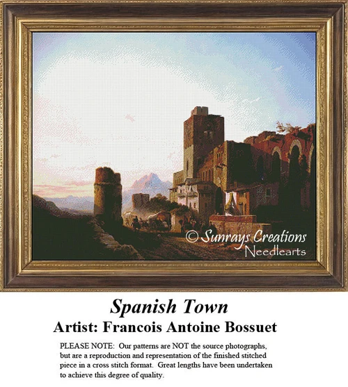 A Spanish colonial town with vibrant architecture under a pastel sky, designed as a cross stitch chart by artist Francois Antoine Bossuet.