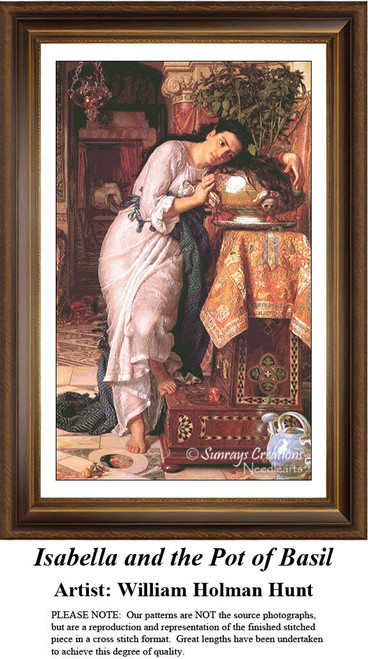 A woman with flowing dark hair holds a pot of basil, her expression sorrowful, immortalized as a counted cross stitch pattern.