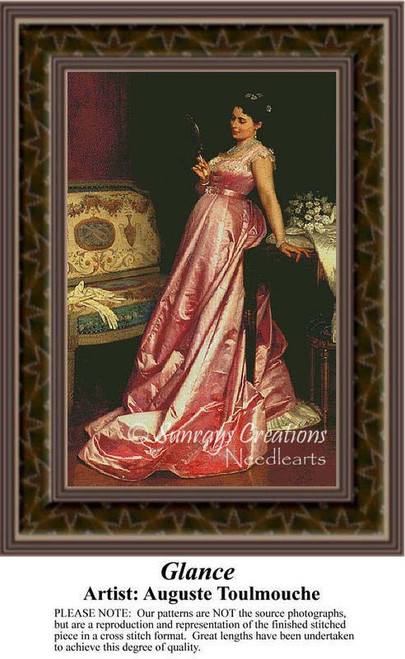 A woman in a pink gown stands gracefully, composed as a counted cross stitch pattern by Auguste Toulmouche from the 19th century.