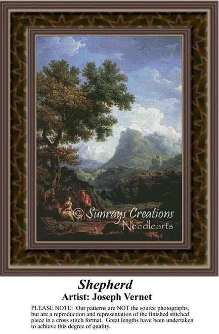 A serene landscape with tall trees and distant mountains, this downloadable pattern is based on "Shepherd" by artist Joseph Vernet.