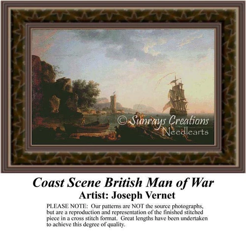 A coastal scene with a British man of war ship and rocky terrain, created as a counted cross stitch pattern by artist Joseph Vernet.