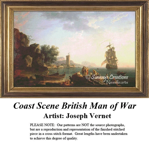 A detailed counted cross-stitch pattern preview of Claude-Joseph Vernet's painting, "Coast Scene with a British Man-of-War." The 18th-century French marine landscape design depicts a grand British warship anchored near a bustling harbor shoreline under a golden sky, capturing maritime majesty.