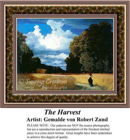 A serene landscape with rolling hills and fluffy clouds, designed as a counted cross stitch pattern, ready for your next cross stitch project.