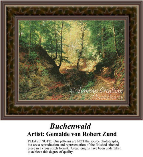 A serene forest scene with sunlight filtering through the trees, reimagined as a counted cross stitch pattern by Gemalde von Robert Zund.