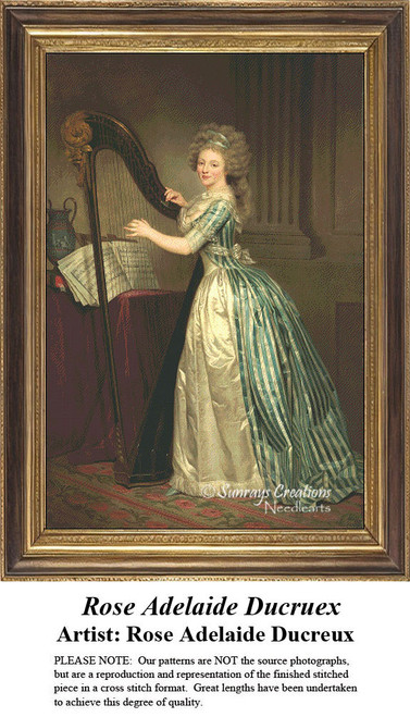 A woman in a blue and white dress plays the harp, ready for your next cross stitch project, inspired by the artist Rose Adelaide Ducreux.