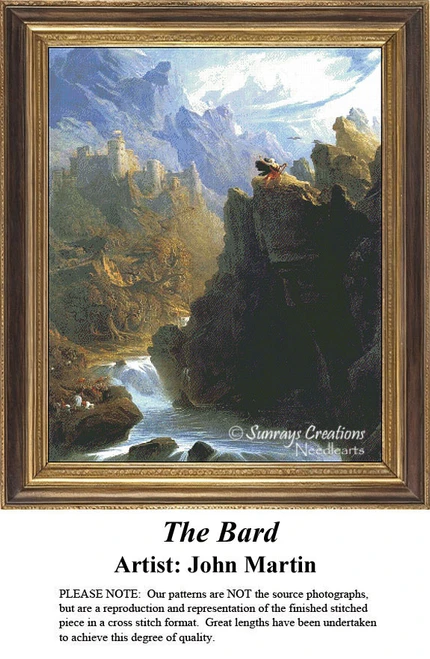 A lone figure stands atop a jagged precipice, gazing over a misty canyon, arranged as a counted cross stitch design by John Martin.