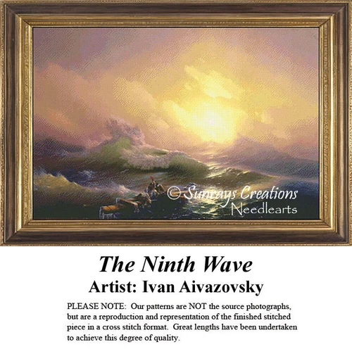 A makeshift raft on turbulent waters with high waves, yours to stitch as a counted cross stitch chart by artist Ivan Aivazovsky.