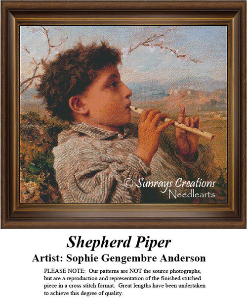 A young shepherd boy playing a flute in a sunlit landscape, rendered in a cross stitch pattern by artist Sophie Gengembre Anderson.
