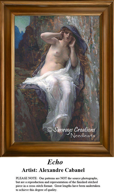 A woman sits on a rocky ledge with her hands over her ears, depicted in a counted cross stitch design by Alexandre Cabanel.