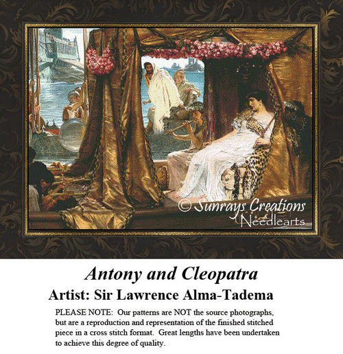 Cleopatra lounges on a portable divan amidst a vibrant scene, brought to life as a counted cross stitch pattern by Sir Lawrence Alma-Tadema.