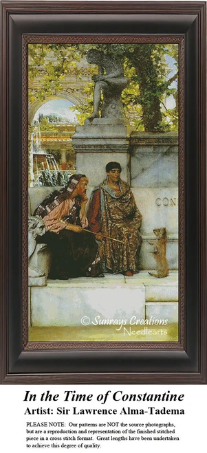 Two Roman senators teach a dog tricks in a sunlit garden, waiting as your next cross stitch project from artist Sir Lawrence Alma-Tadema.
