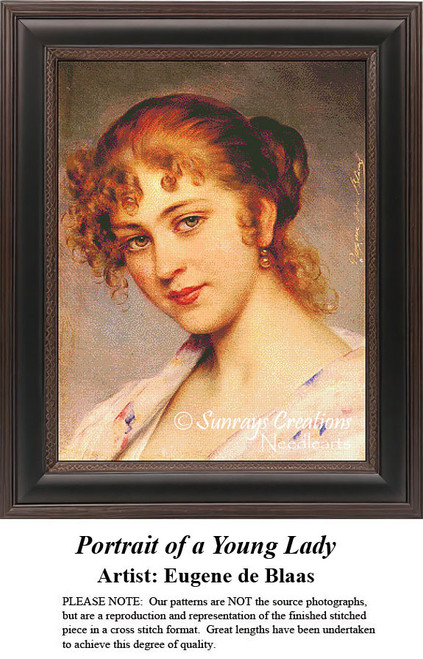 A young woman with curly auburn hair and green eyes looks over her shoulder, depicted in a counted cross stitch pattern, perfect for your next cross.