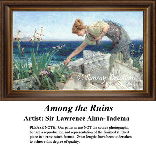 A woman examines broken pieces among lush iris flowers by the sea in this PDF pattern derived from Sir Lawrence Alma-Tadema's work.