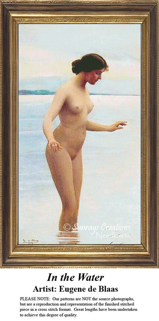 A young woman wades into calm water, blushing, available as a counted cross stitch pattern designed from Eugene de Blaas' painting.