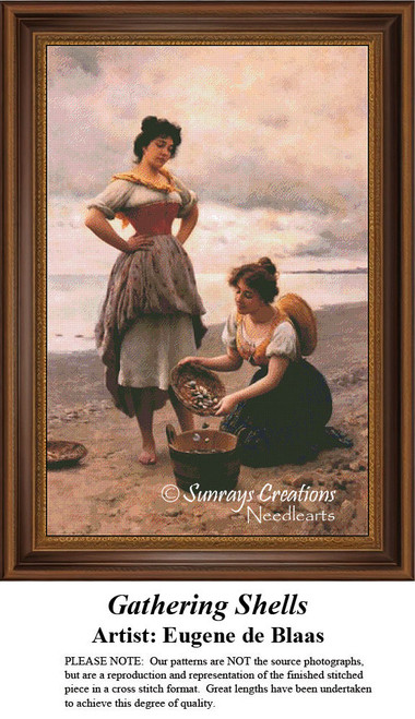Two women gather seashells on the beach under a salmon pink sky, designed as a digital file from the artwork by Eugene de Blaas.