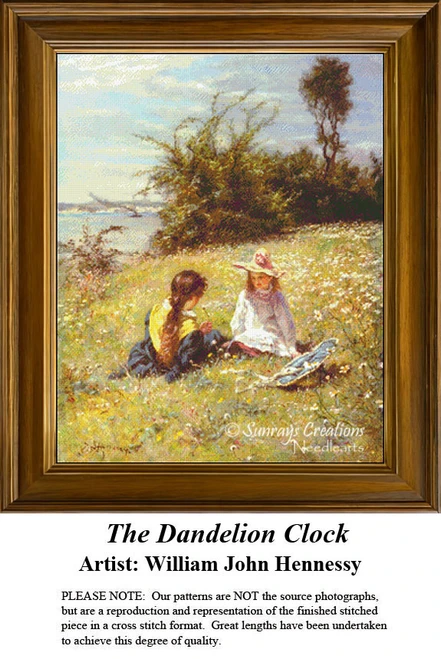Two little girls sit on a grassy hill, picking dandelion flowers, waiting as your next cross stitch project from artist William John Hennessy.