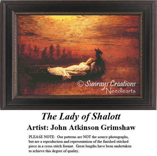 A woman lies in a boat, dressed in white, surrounded by a moody landscape, immortalized as a counted cross stitch pattern.