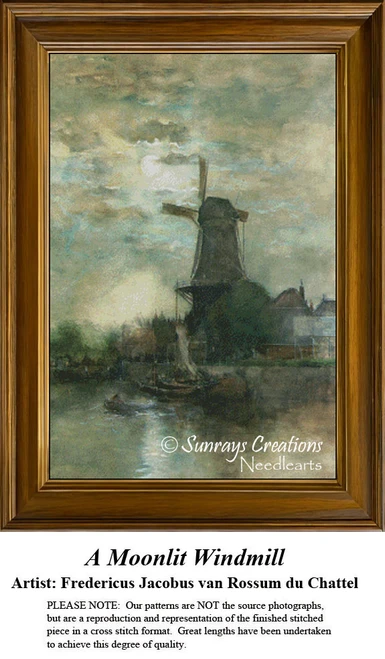 A windmill stands by a calm body of water under a cloudy sky, available as a counted cross stitch pattern.