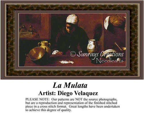A woman in a dark outfit stands beside pottery and kitchenware, depicted in this cross stitch design inspired by Diego Velazquez's work.