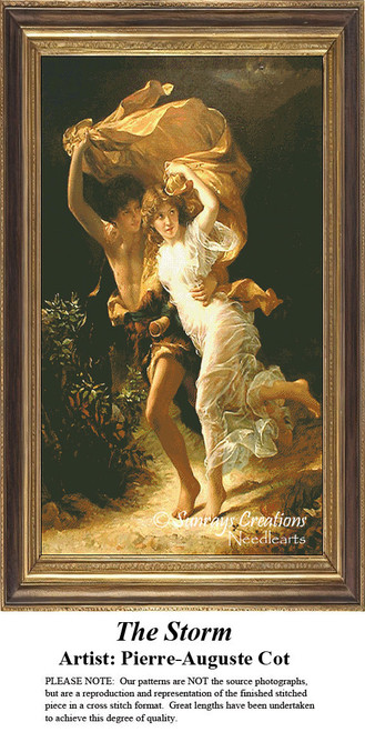 A young couple runs from a storm, with the man holding the woman by the waist, transformed into a counted cross stitch pattern by Pierre-Auguste Cot.