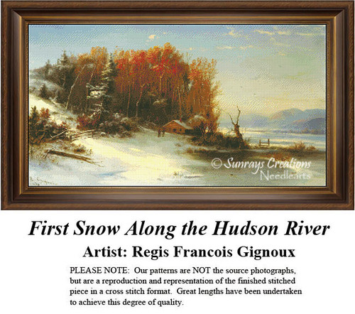 A snowy landscape along the Hudson River, with colorful trees and a small cabin, offered as a counted cross stitch pattern.