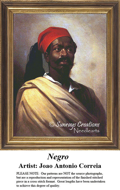 A portrait of an African man in traditional clothing, designed as a large counted cross stitch from a painting by Joao Antonio Correia, showcasing