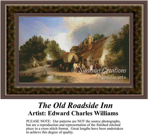 A cozy roadside inn with thatched roofs sits by a tranquil waterway, rendered in a BAP cross stitch design by Edward Charles Williams.