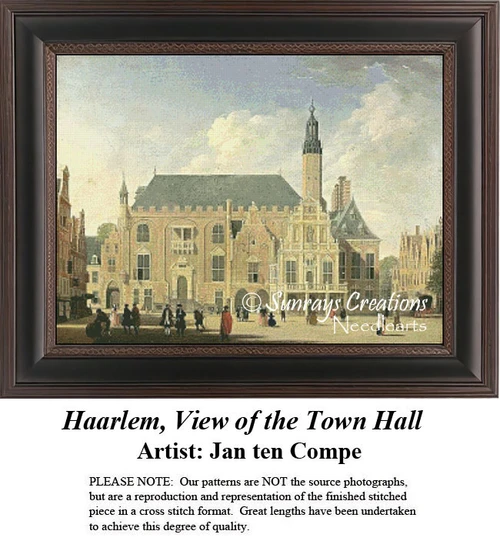 A historic town hall building stands against a backdrop of blue skies and clouds, created as a counted cross stitch pattern, perfect for your next.