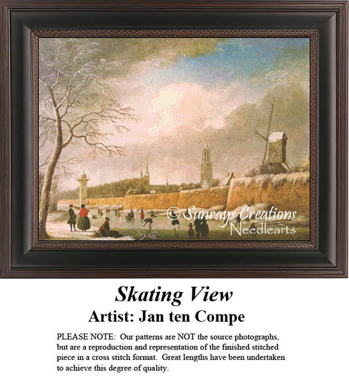 A winter scene with families skating on ice, windmills turning in the background, by Jan ten Compe, available as an xstitch pattern.