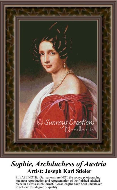 A portrait of Sophie, Archduchess of Austria, in a flowing red gown with elegant curls, designed as a xstitch design by artist Joseph Karl Stieler.
