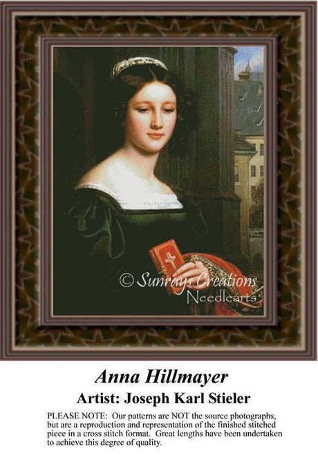 A woman holds a book and gazes thoughtfully, created as a counted cross stitch pattern by artist Joseph Karl Stieler.