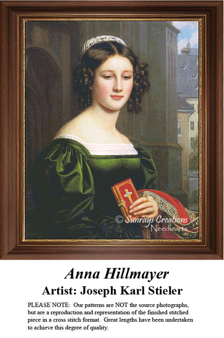 A detailed counted cross-stitch pattern preview of Joseph Karl Stieler's portrait, "Anna Hillmayer." The Neoclassical design depicts the young Bavarian woman in traditional Munich dress and fur-lined bonnet, posing serenely with the Munich skyline in the background.