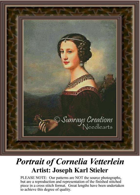 A woman in historical attire looks over her shoulder with a serene expression, framed as a counted cross stitch chart.