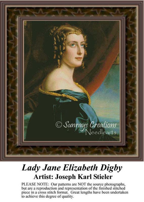 A portrait of a woman with curly hair and a regal collar, designed as a cross stitch digital file based on Joseph Karl Stieler's work.