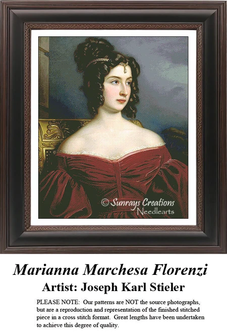 A detailed counted cross-stitch pattern preview of Joseph Karl Stieler's portrait, "Marianna Marchesa Florenzi." The Neoclassical Biedermeier design features the Italian Marchesa dressed in an elegant 19th-century court gown, posing with noble poise under soft lighting.