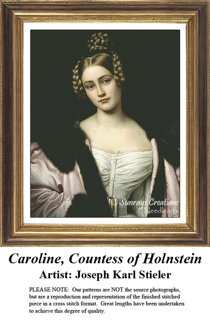 A detailed counted cross-stitch pattern preview of Joseph Karl Stieler's portrait, "Caroline, Countess of Holnstein." The Neoclassical Biedermeier design features the Bavarian noblewoman in an elegant black satin off-the-shoulder gown with roses in her hair, posing with captivating allure.